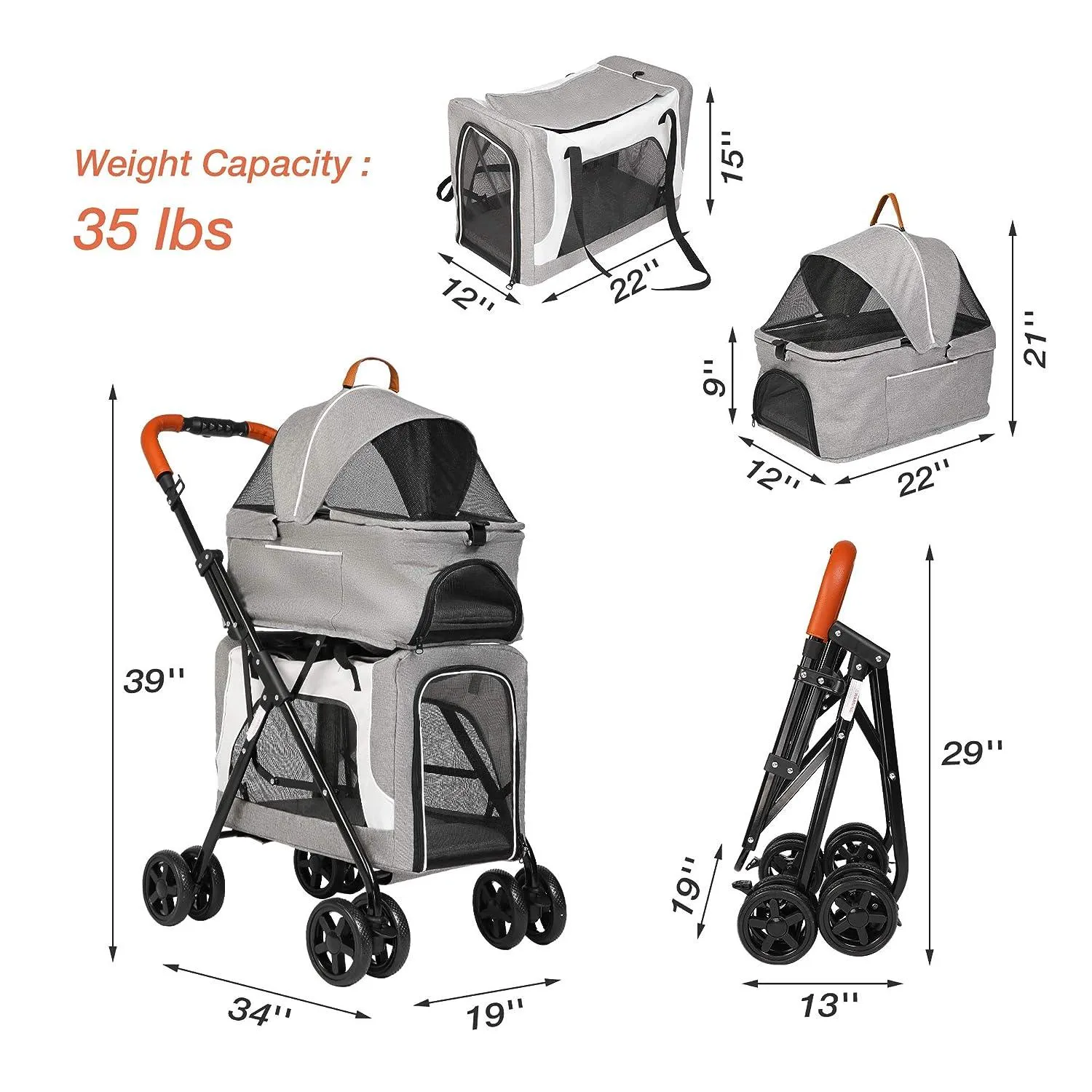 3 in 1 Double Seater Dog Stroller Pet Carrier with Detachable Carrier Dual Entry, Gray