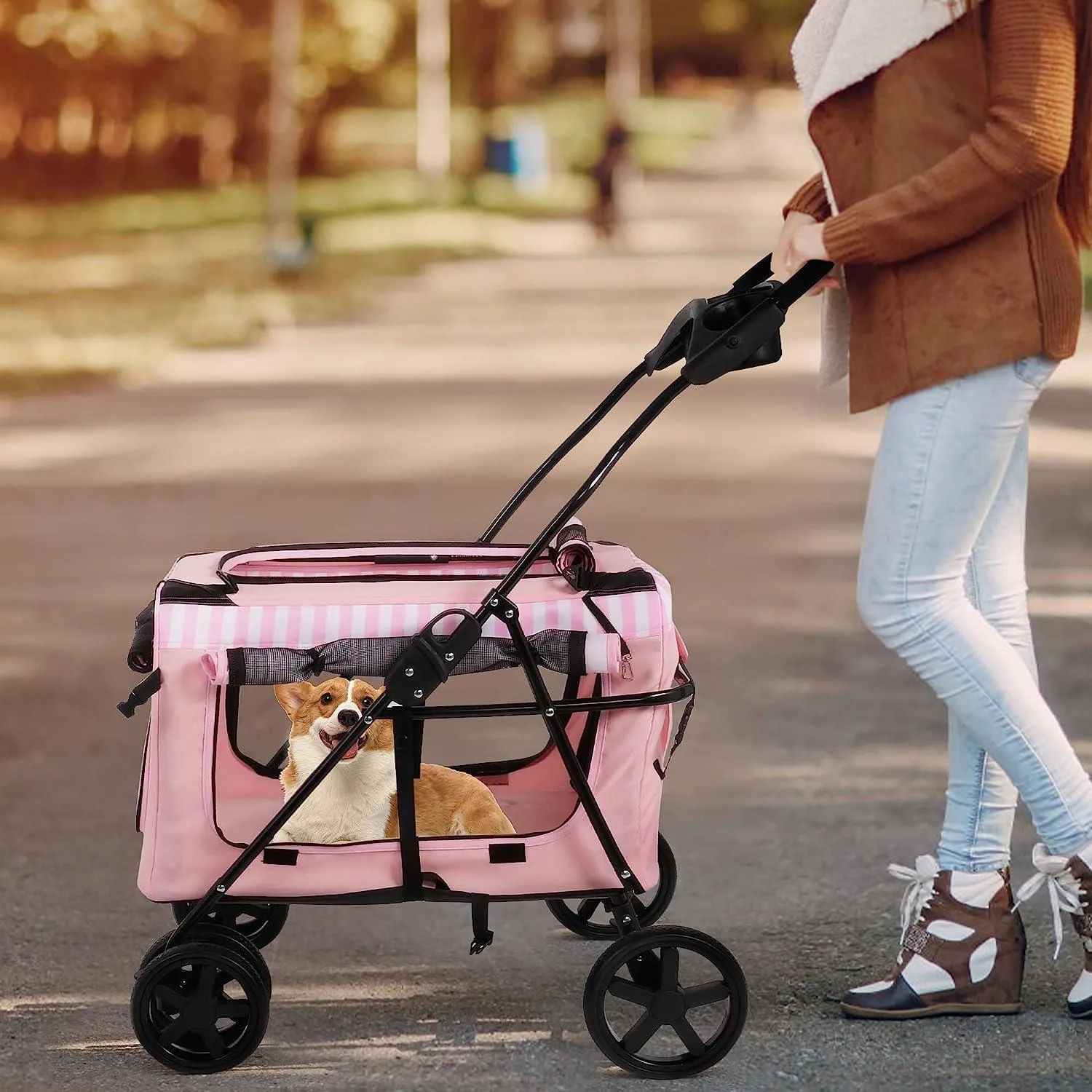 3-in-1 Folding Travel Pet Carrier Dog Cat Stroller with Water Cup Holder, Pink