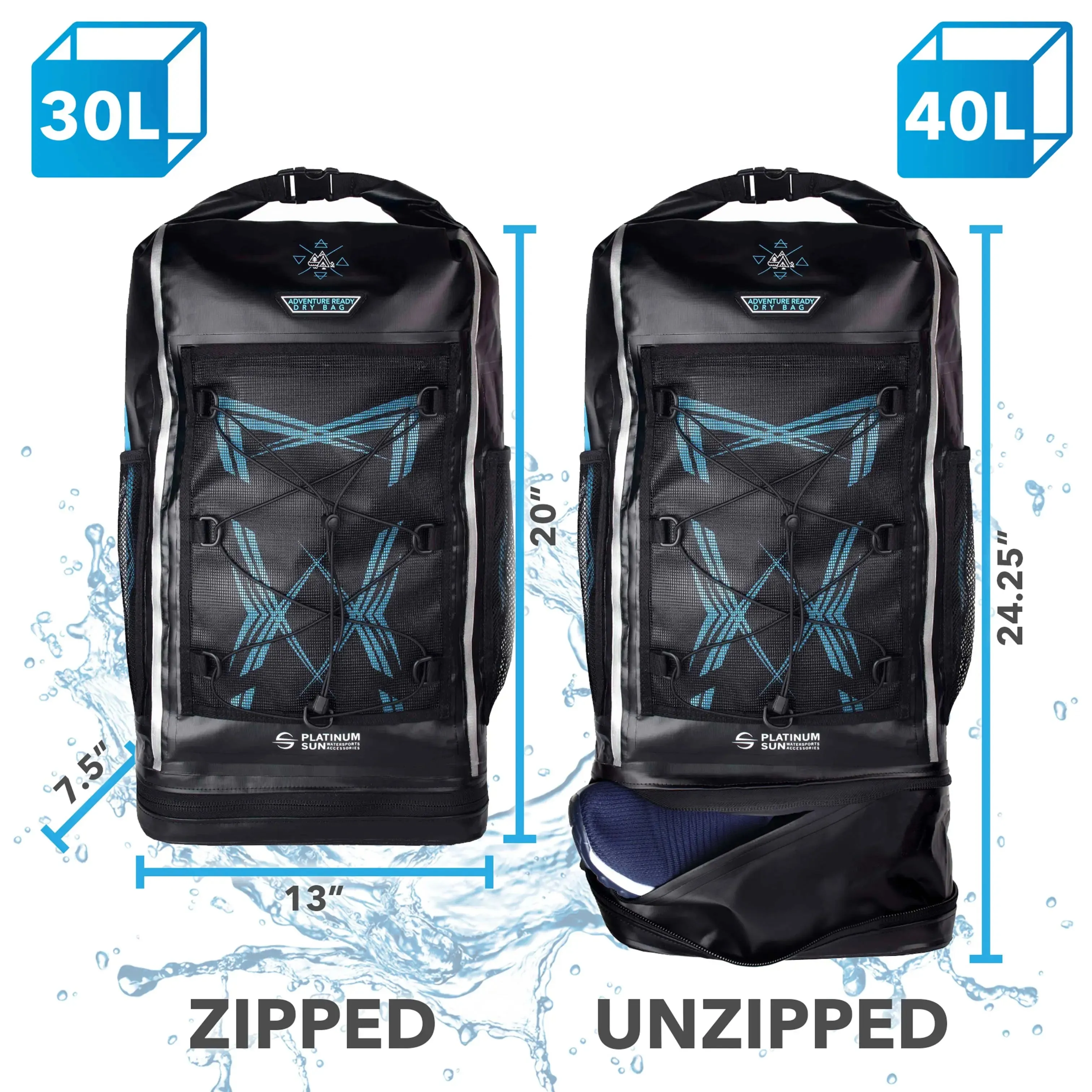 30L Waterproof Dry Bag Backpack with extendable bottom compartment