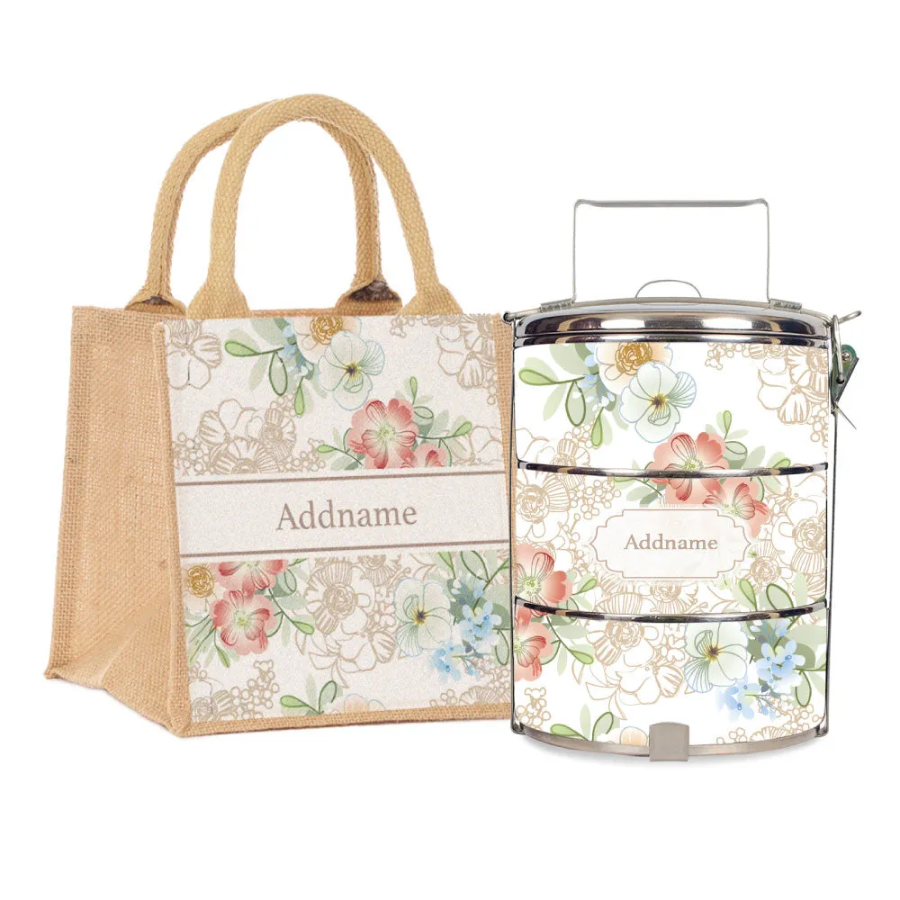 Abstract Fleur Flora Series 3-Tier Standard Small 12cm Tiffin Carrier [FREE Custom Add Name]