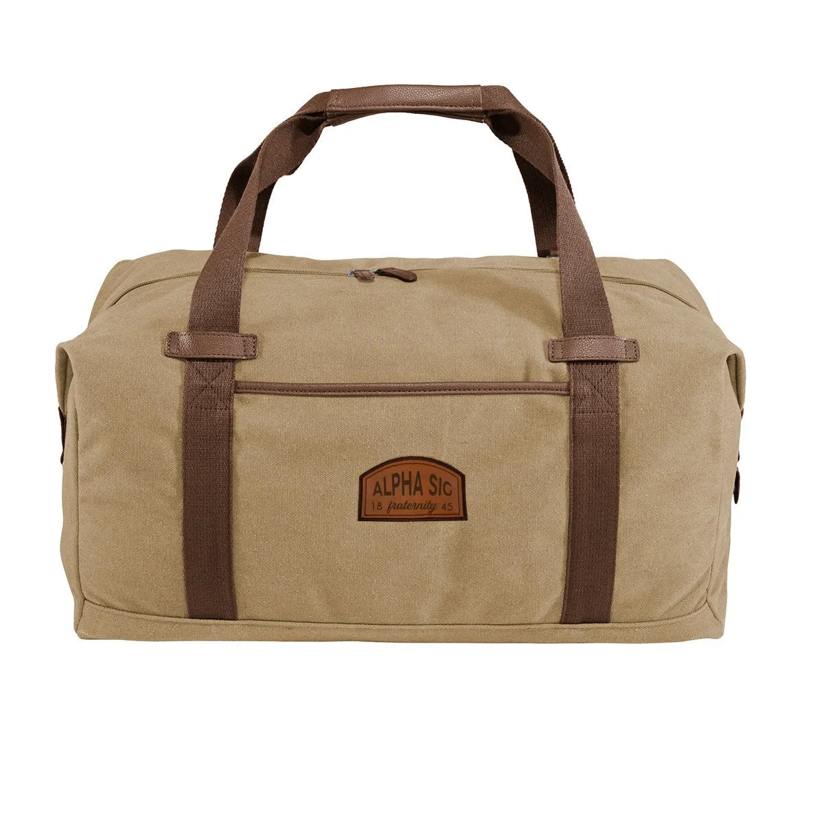 Alpha Sig Khaki Canvas Duffel With Leather Patch