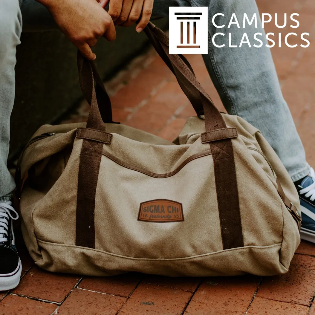 Alpha Sig Khaki Canvas Duffel With Leather Patch