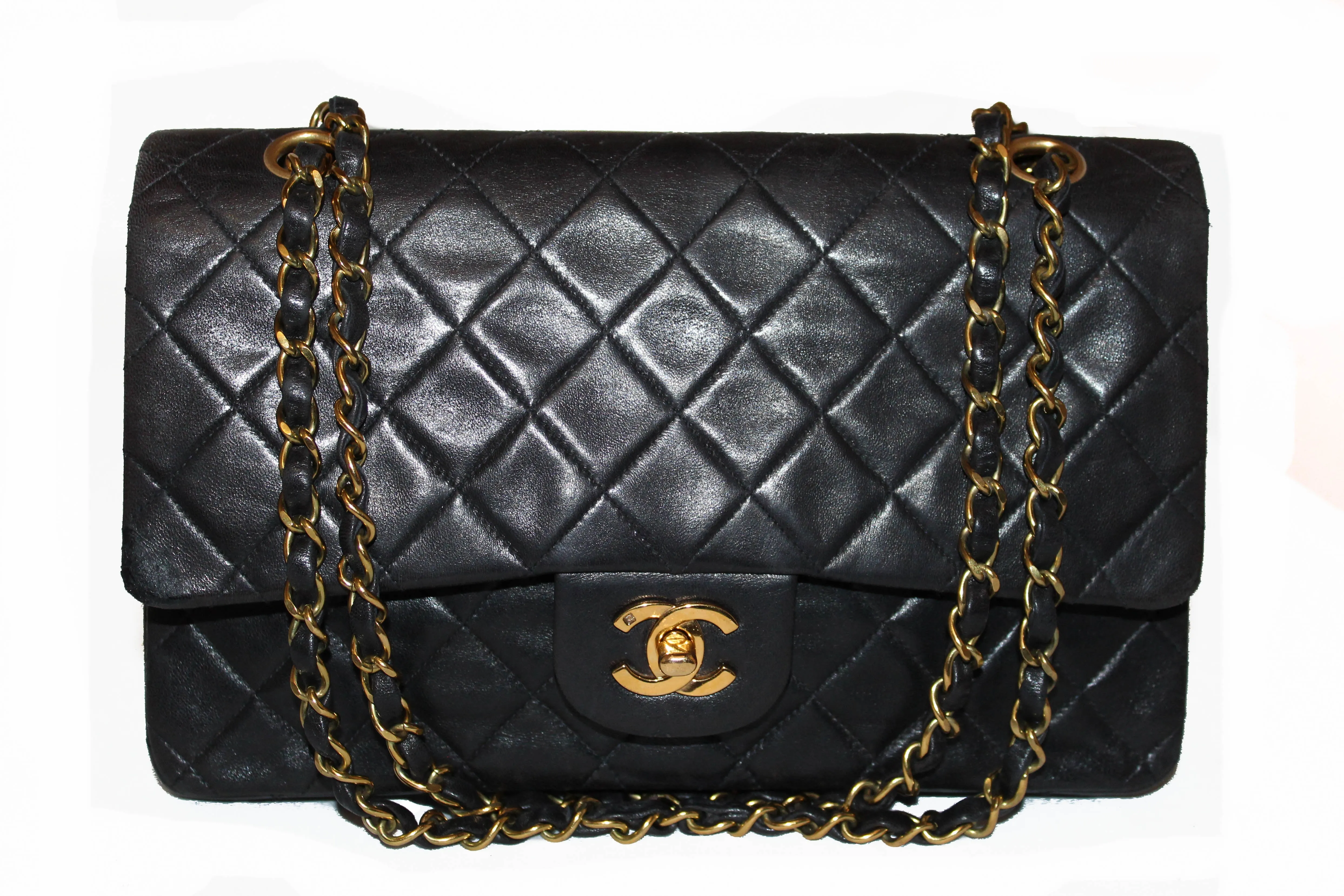 Authentic Vintage Chanel Black Medium Quilted Lambskin Leather Double Flap Bag