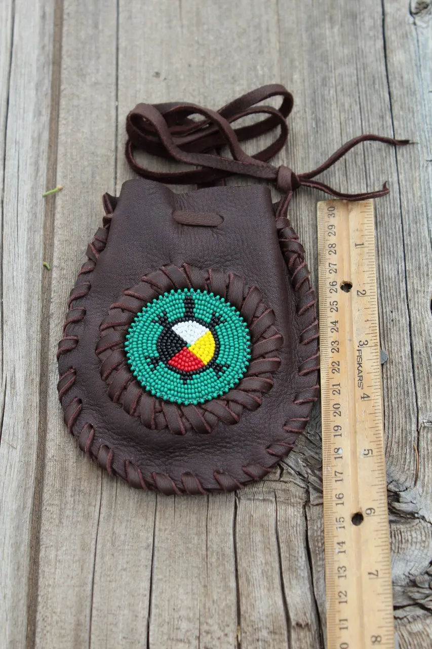 Beaded turtle, four directions medicine bag, leather medicine bag