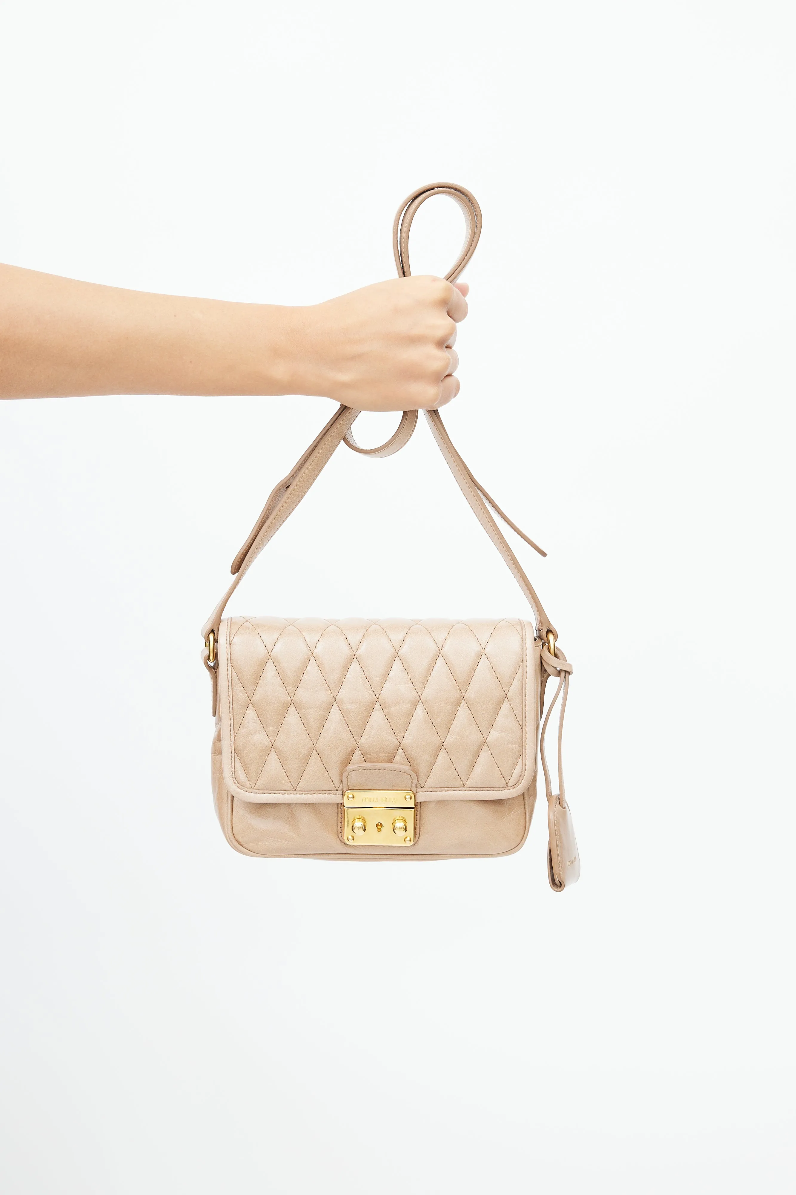 Beige Quilted Leather Crossbody Bag