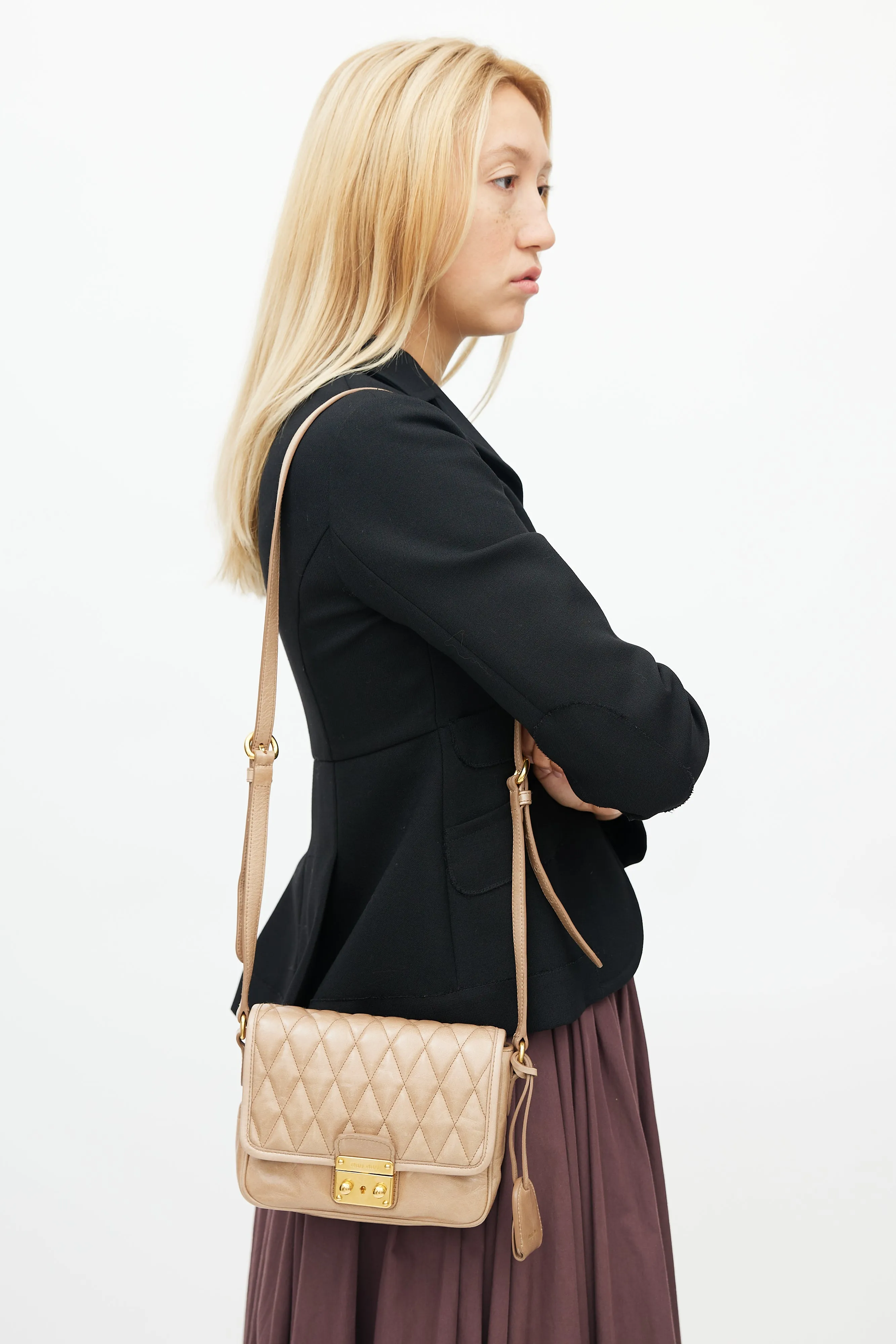 Beige Quilted Leather Crossbody Bag