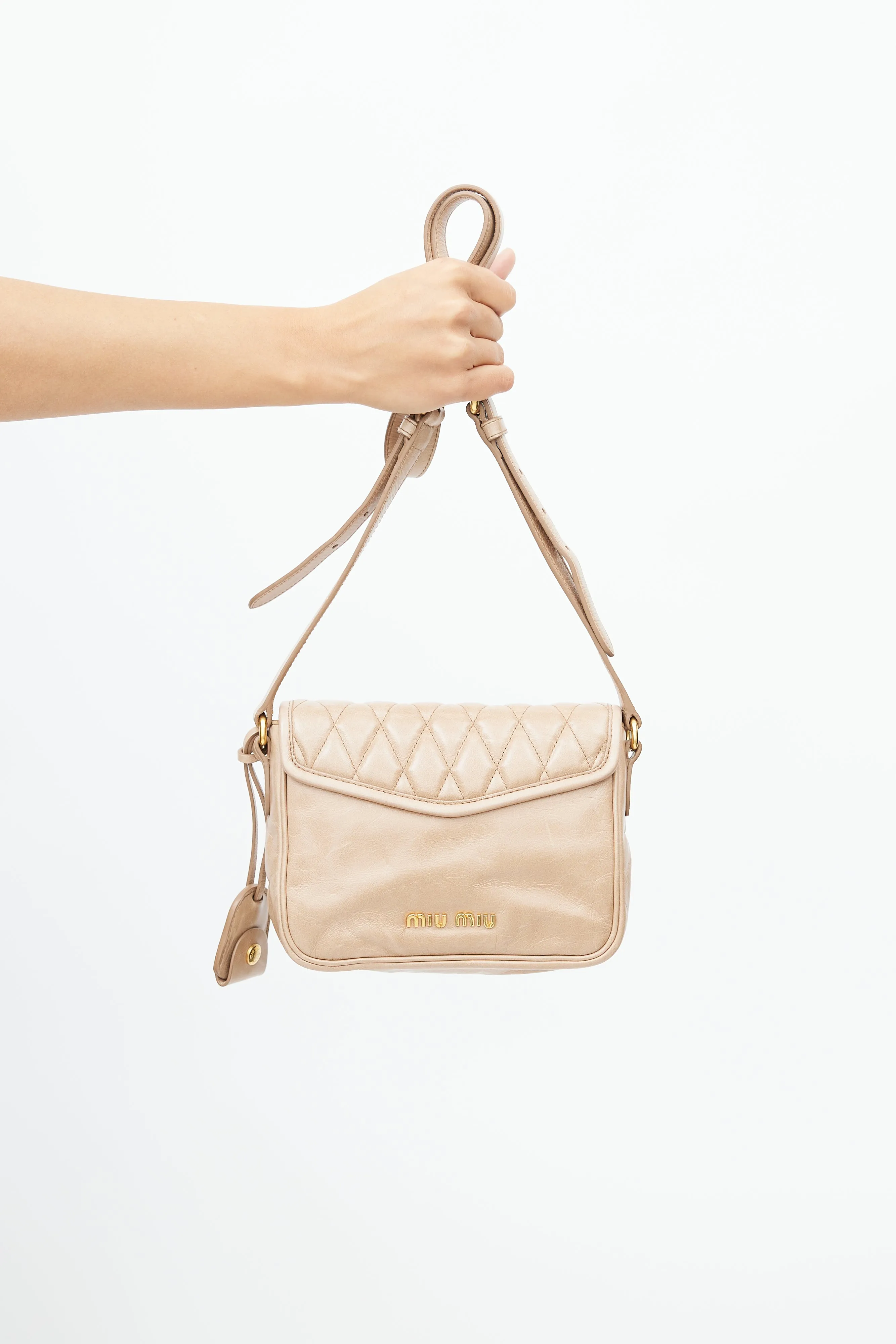 Beige Quilted Leather Crossbody Bag