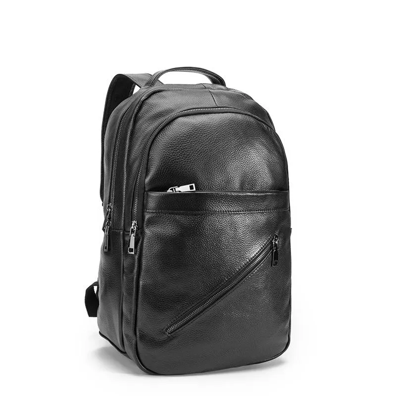 Black Mens Leather College Backpack Laptop Backpack Black Travel Backpack for Men