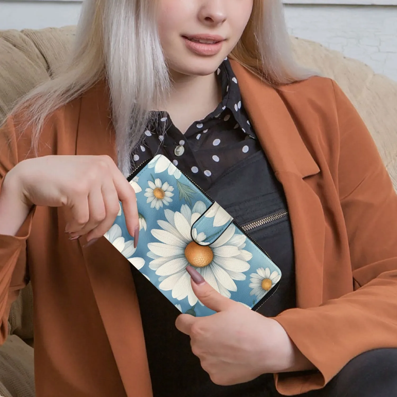 Blue with white flowers | Long Leather Wallet