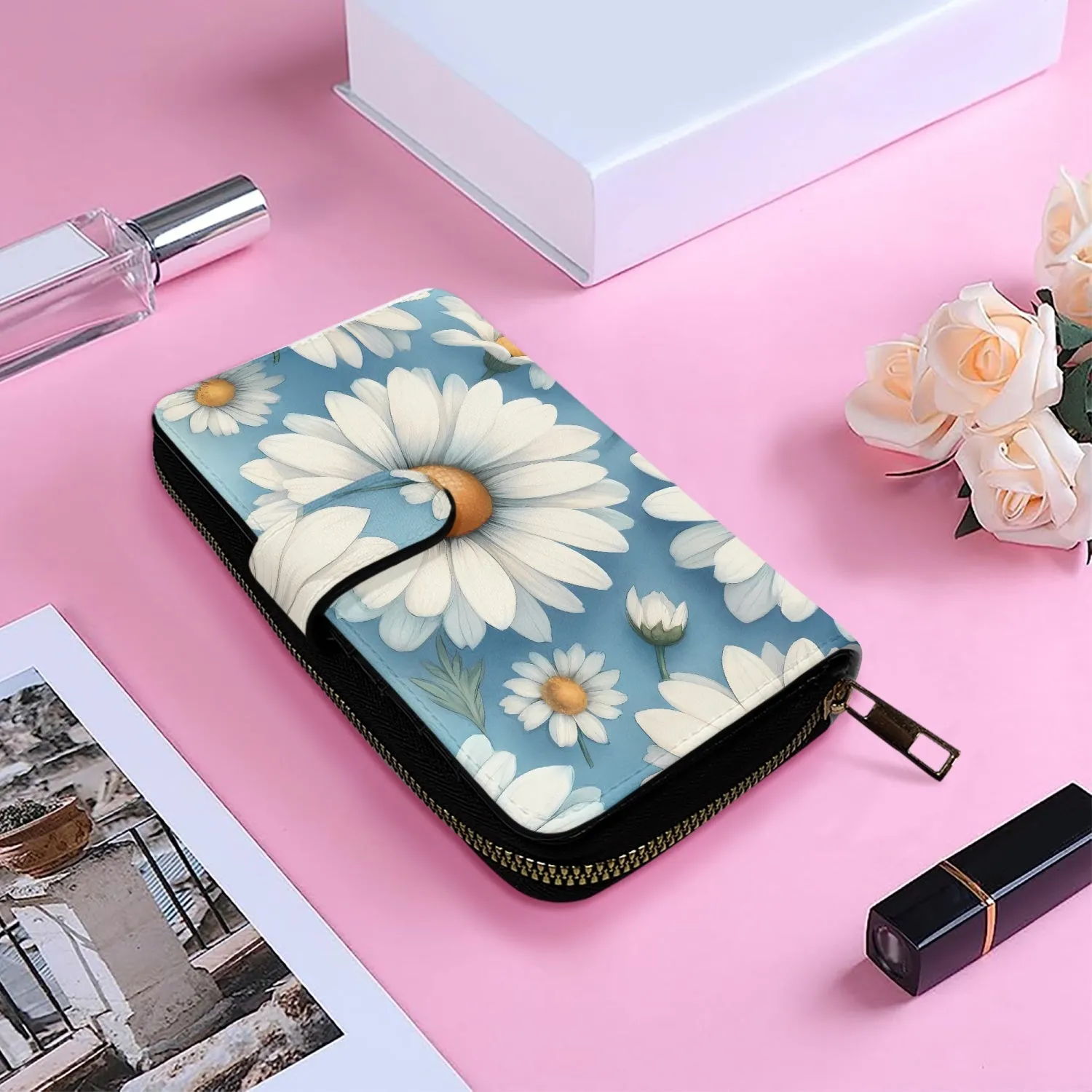 Blue with white flowers | Long Leather Wallet