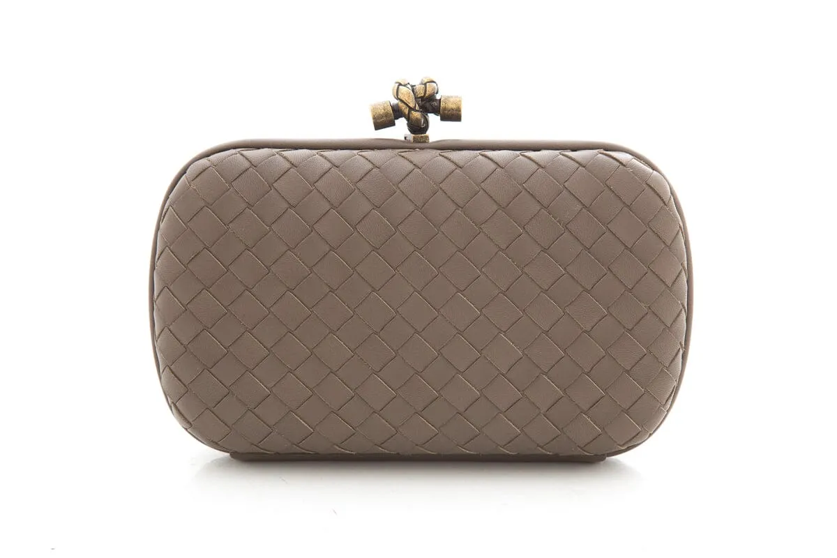 Bottega Veneta Brown Woven Leather Knot Clutch