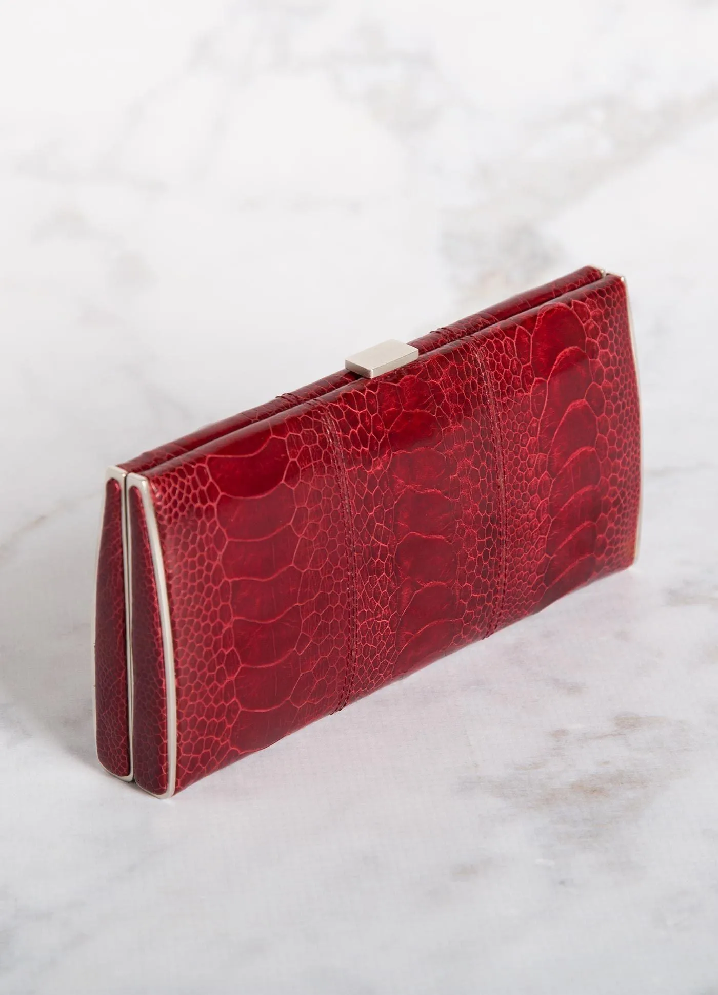 Box Wallet, Red Ostrich Sh., Silver-Tone