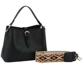 Buckle Flap Shoulder Bag with Aztec Pattern Strap