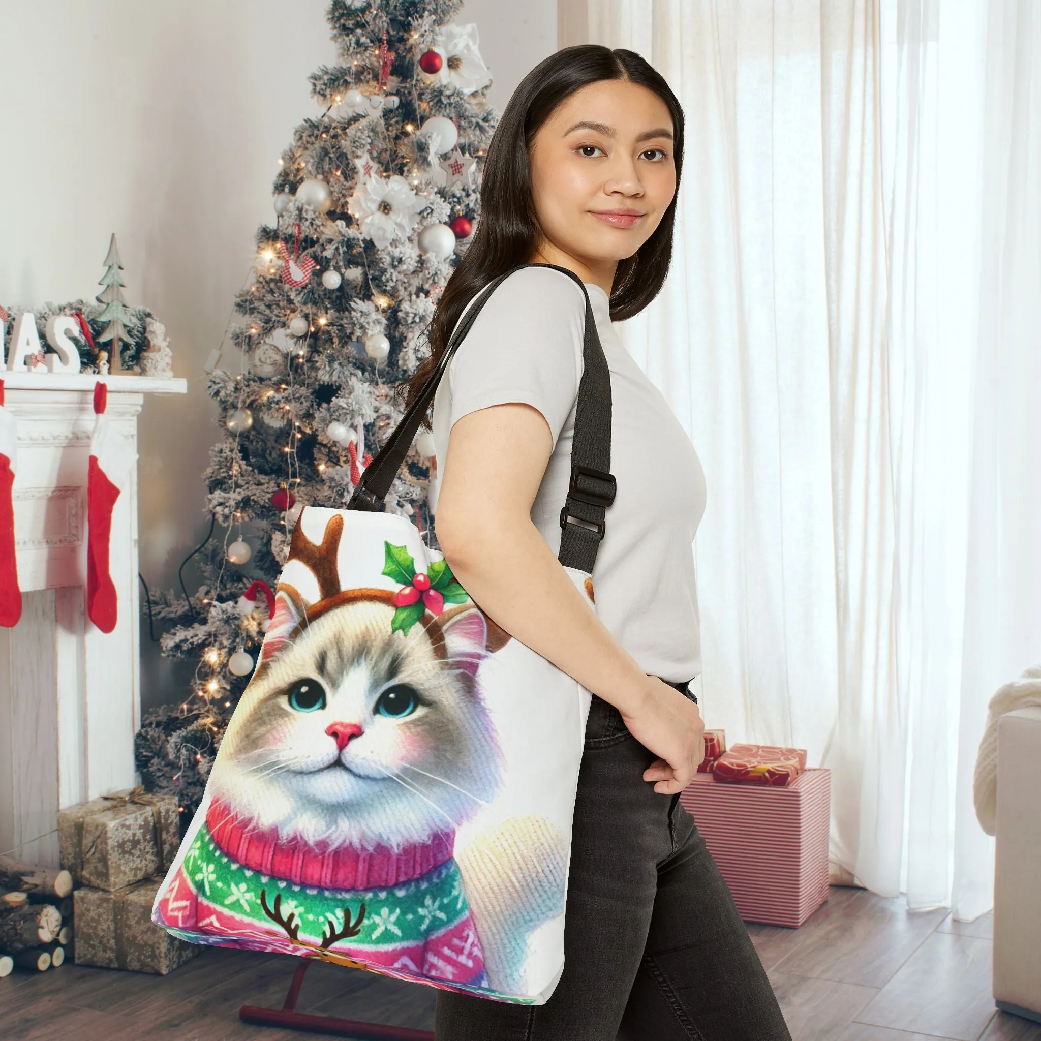 Cat Reindeer - Christmas Sweater - Adjustable Strap Tote Bag