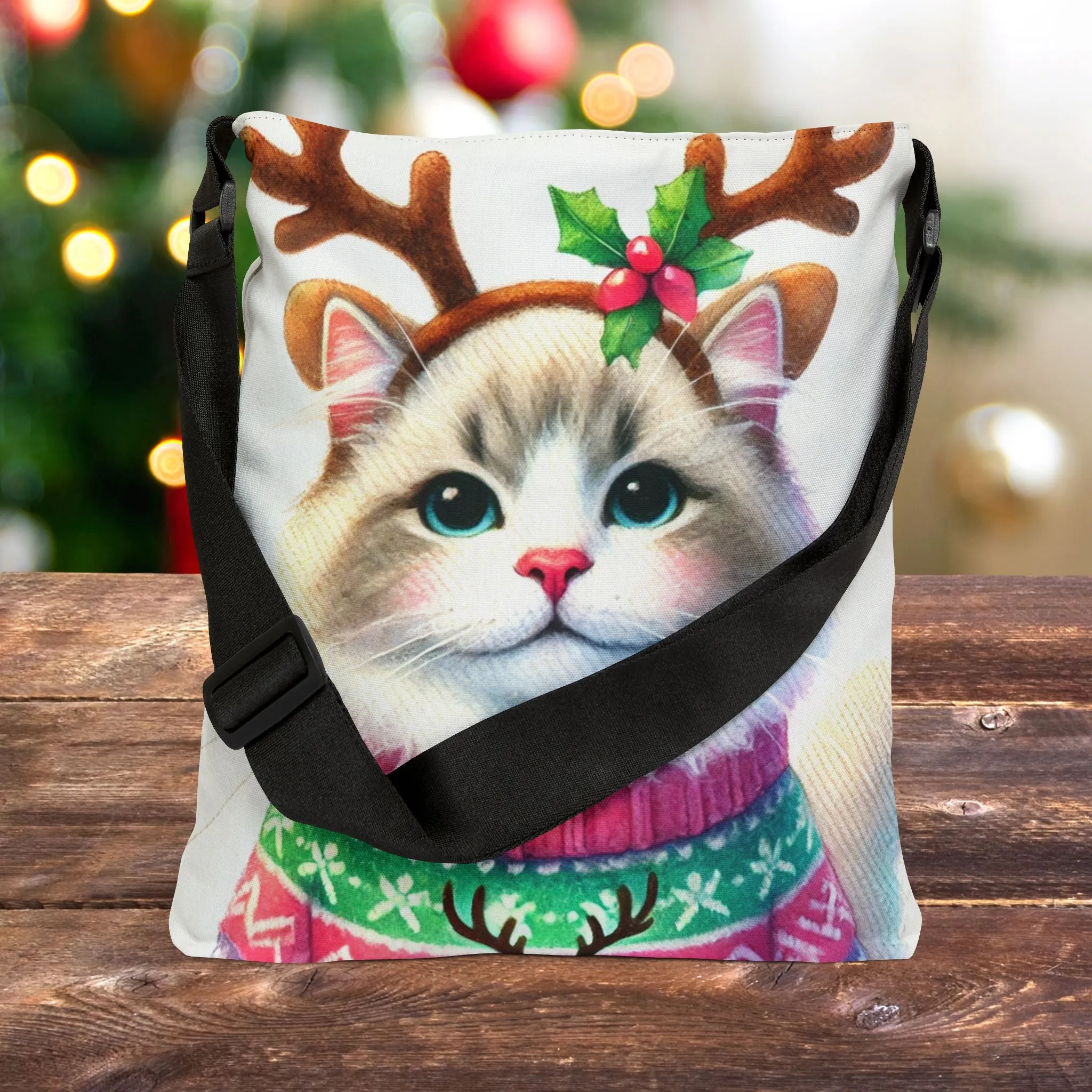 Cat Reindeer - Christmas Sweater - Adjustable Strap Tote Bag