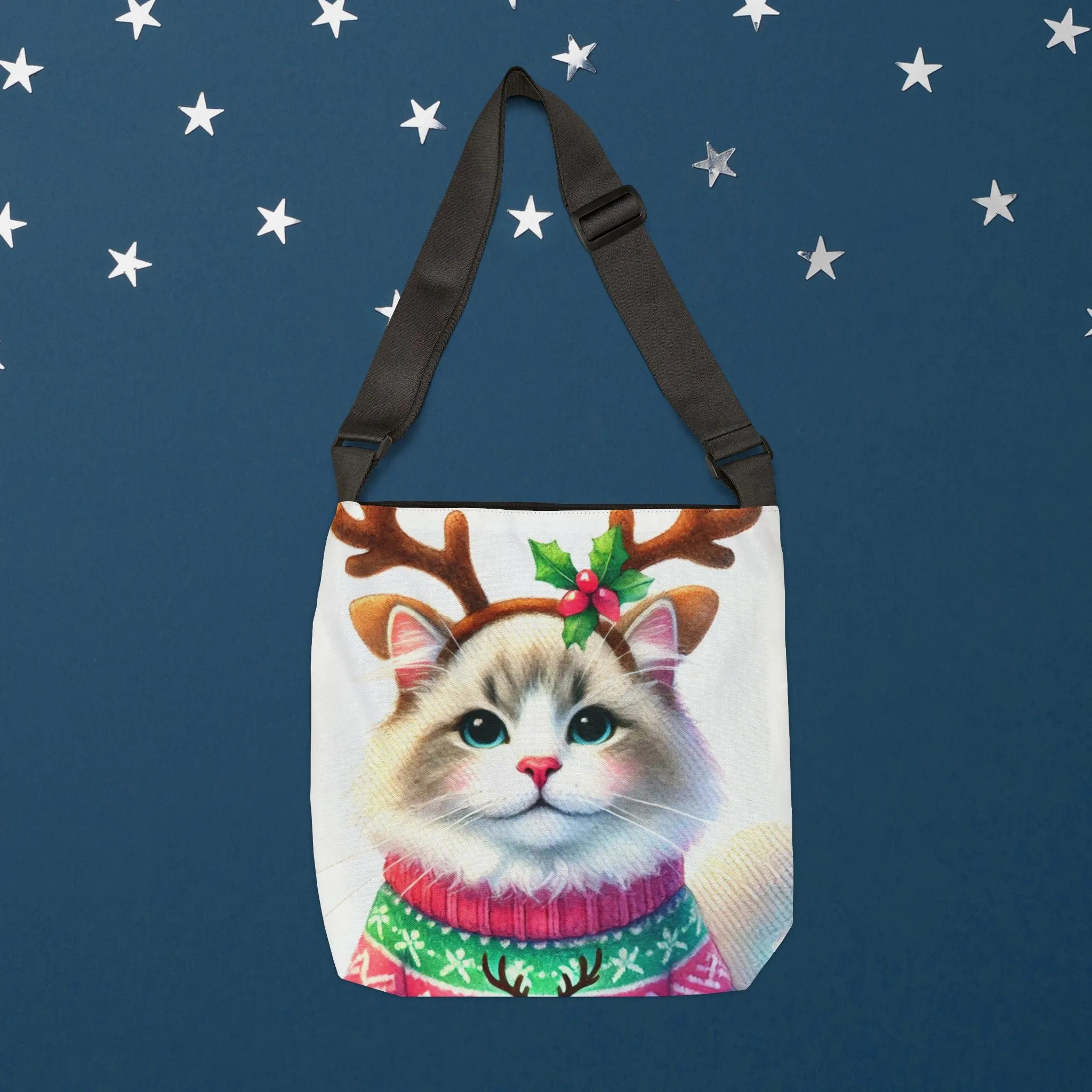 Cat Reindeer - Christmas Sweater - Adjustable Strap Tote Bag