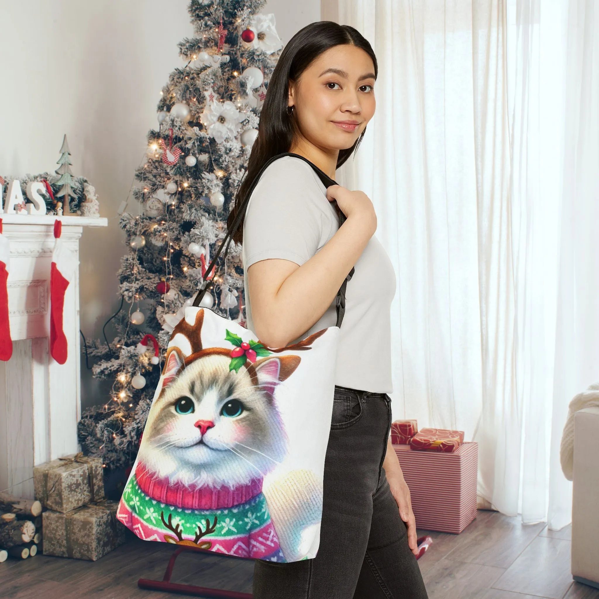 Cat Reindeer - Christmas Sweater - Adjustable Strap Tote Bag