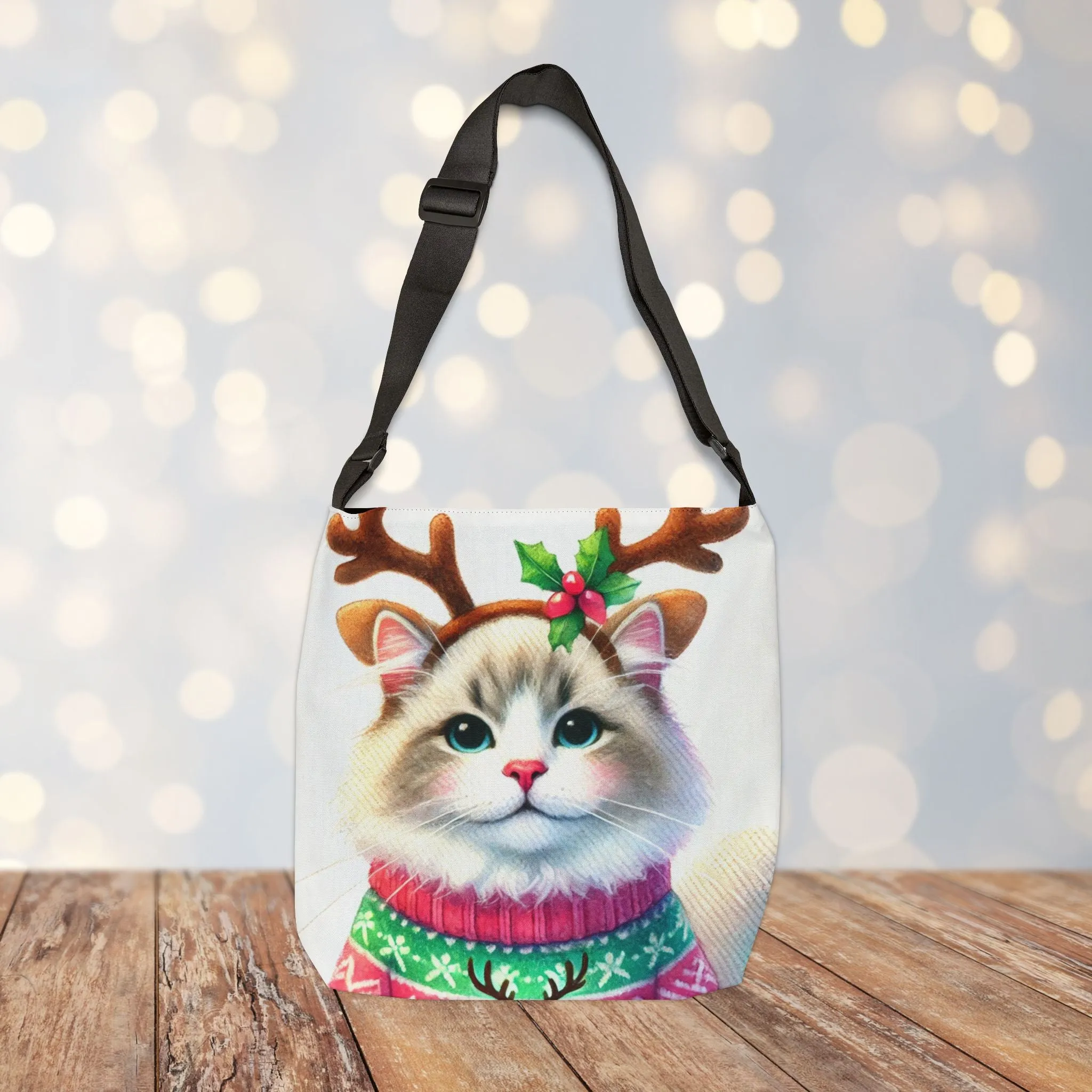 Cat Reindeer - Christmas Sweater - Adjustable Strap Tote Bag