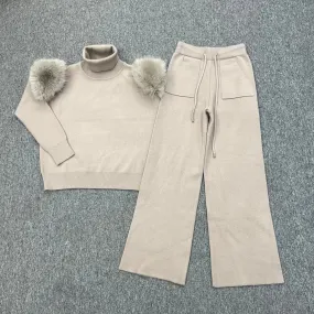 Childrens Beige Premium Faux Fur Wide Leg Tracksuit