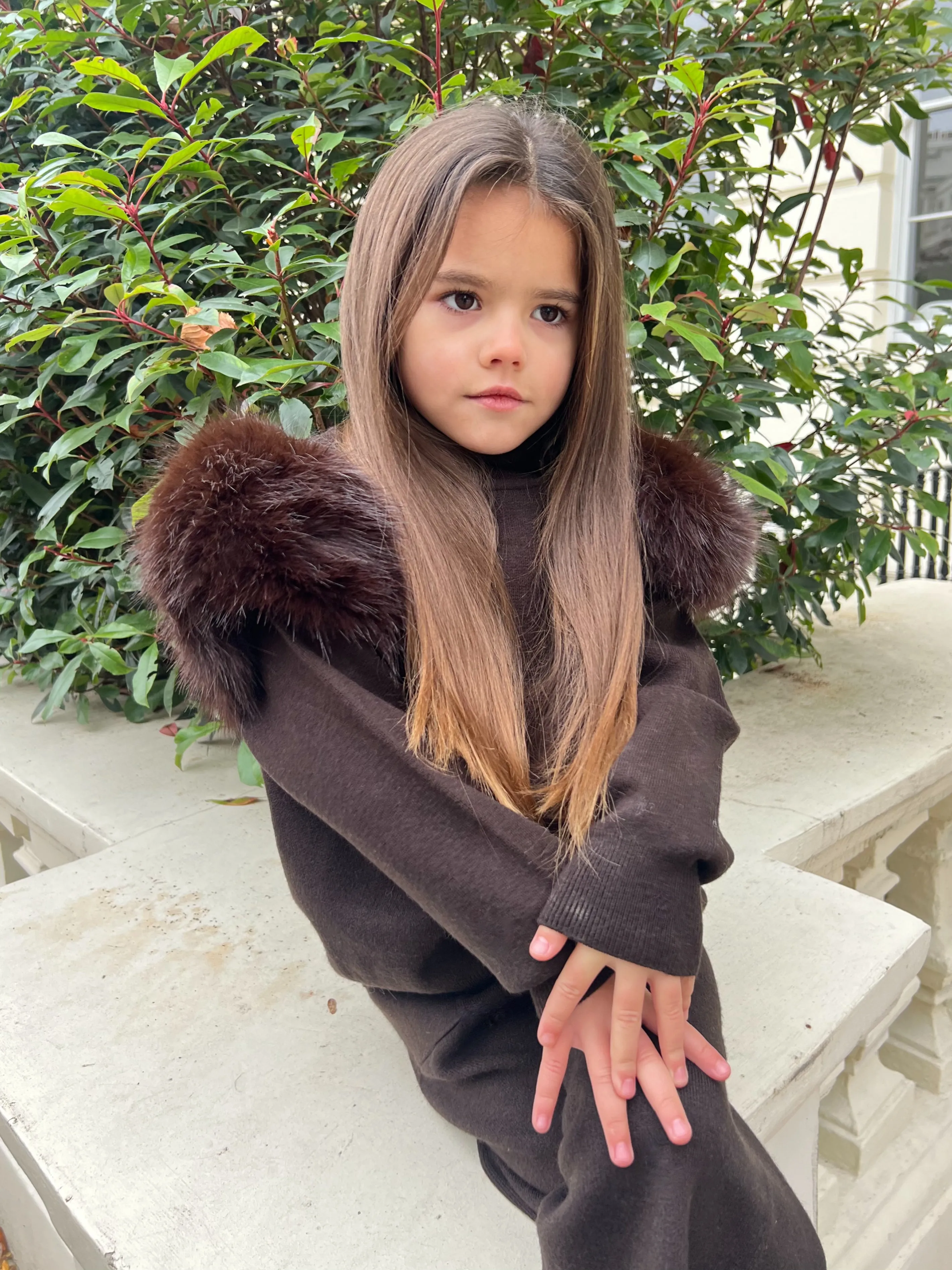 Childrens Chocolate Premium Faux Fur Roll Neck Wide Leg Tracksuit