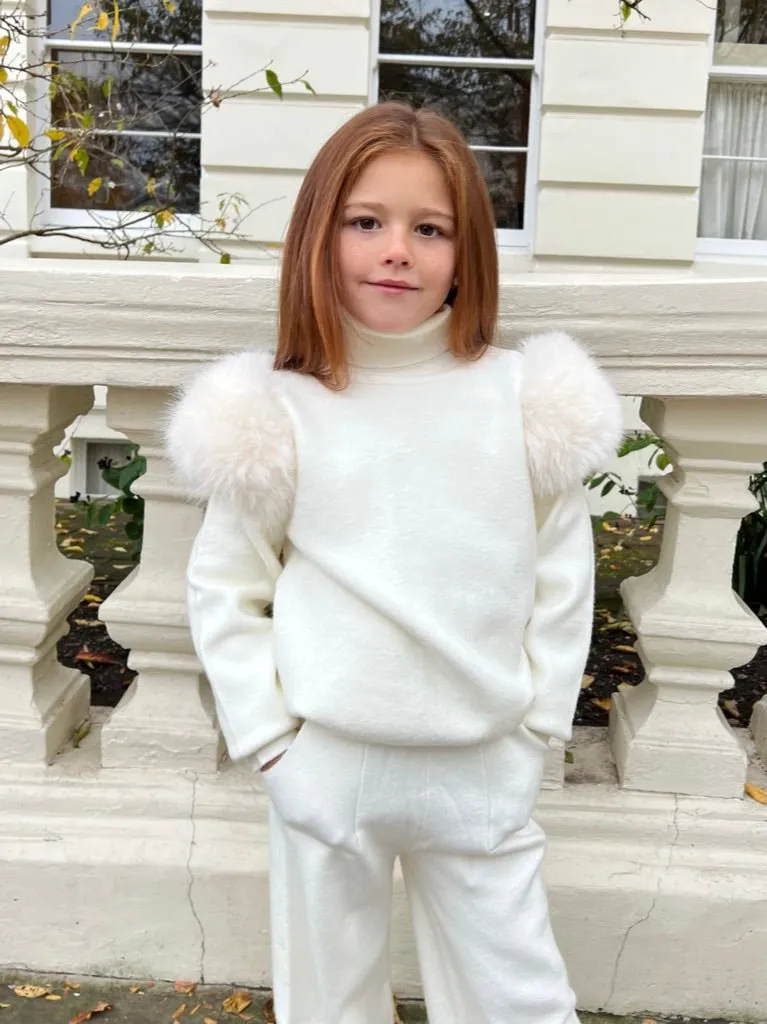 Childrens Cream Premium Faux Fur Roll Neck Wide Leg Tracksuit