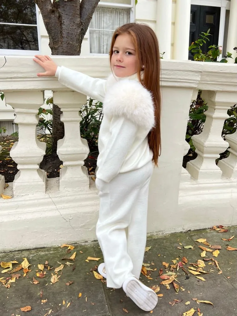 Childrens Cream Premium Faux Fur Roll Neck Wide Leg Tracksuit