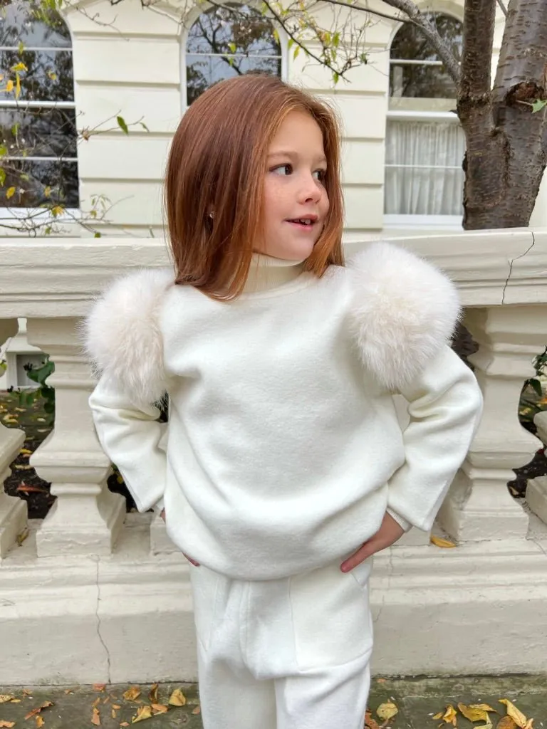 Childrens Cream Premium Faux Fur Roll Neck Wide Leg Tracksuit