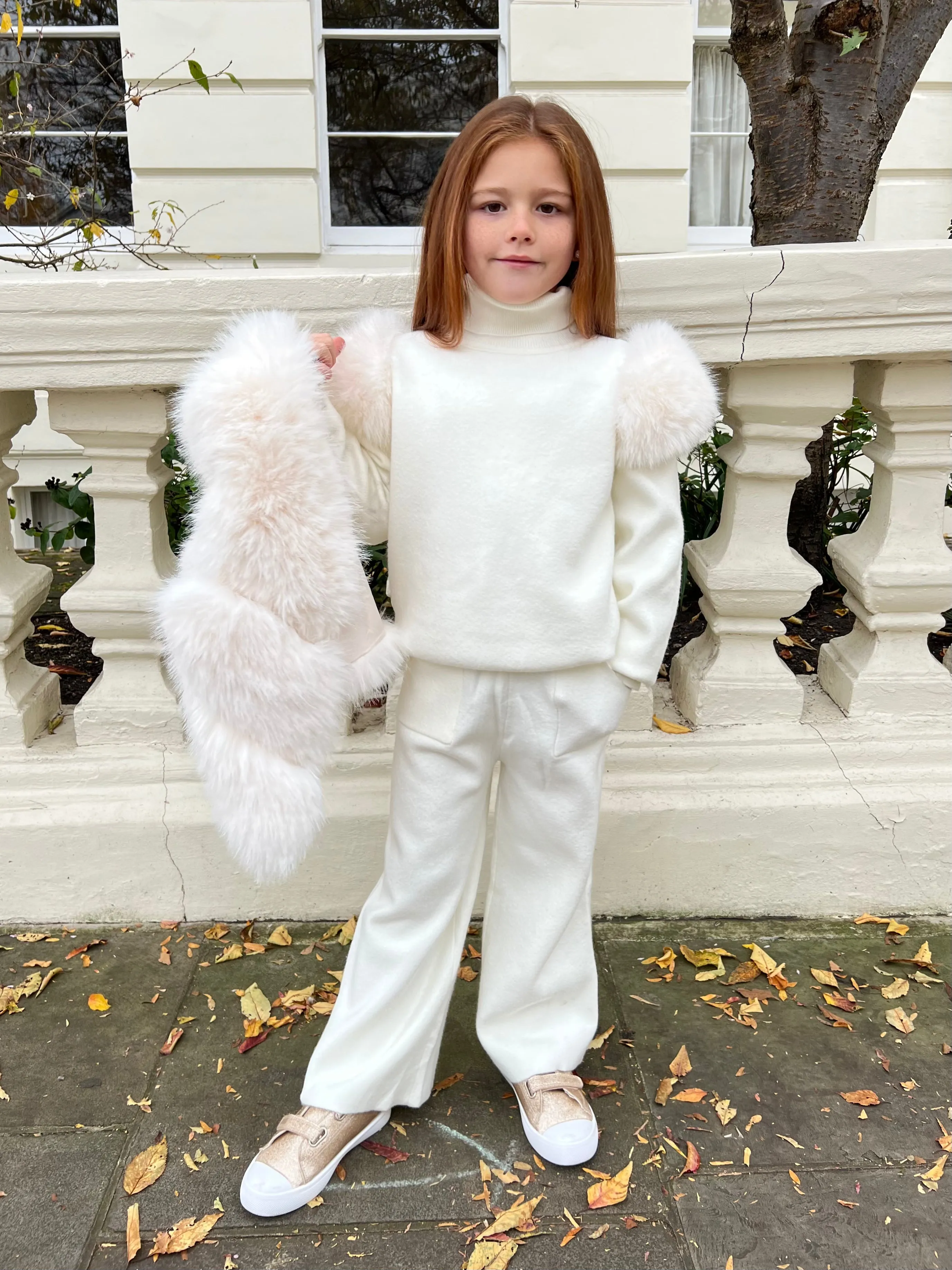 Childrens Cream Premium Faux Fur Roll Neck Wide Leg Tracksuit