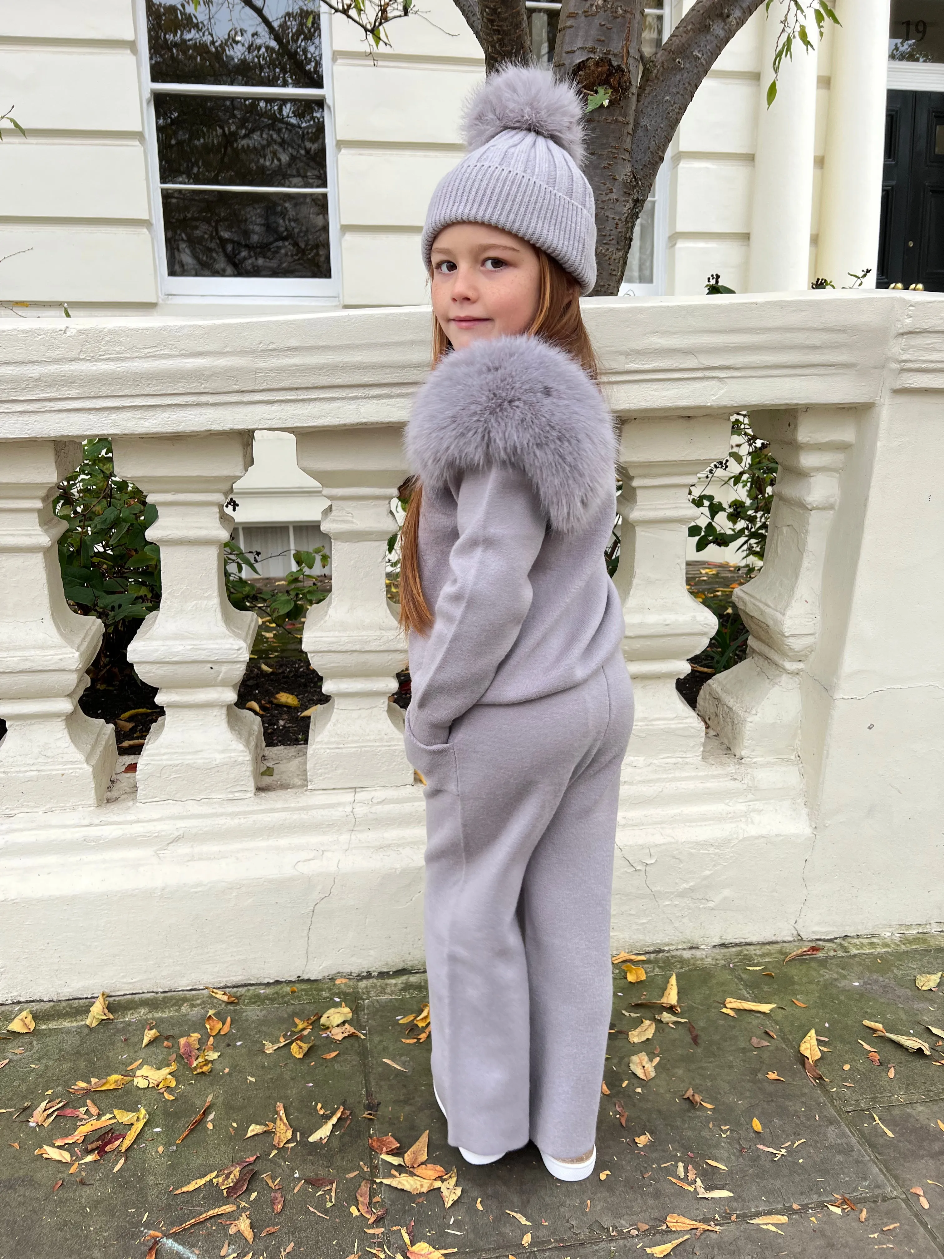 Childrens Light Grey Premium Faux Fur Roll Neck Wide Leg Tracksuit