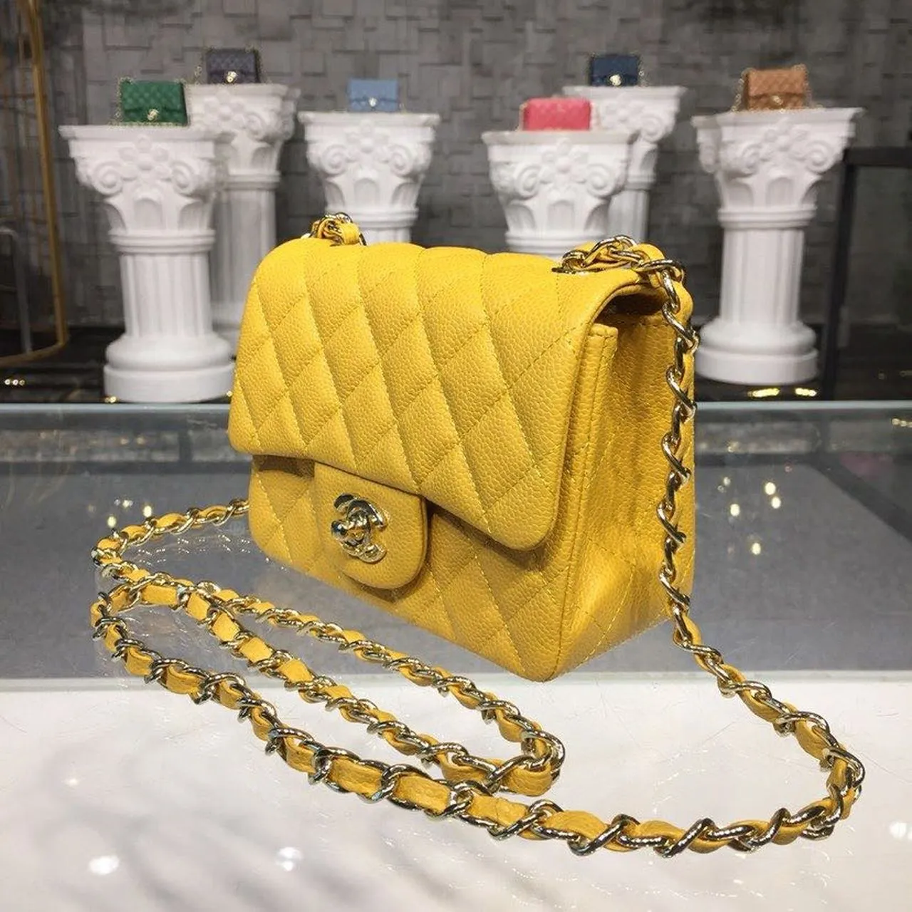 CHLMini Flap Bag Caviar Yellow For Women, Women&#8217;s Bags, Shoulder And Crossbody Bags 6.7in/17cm A35200