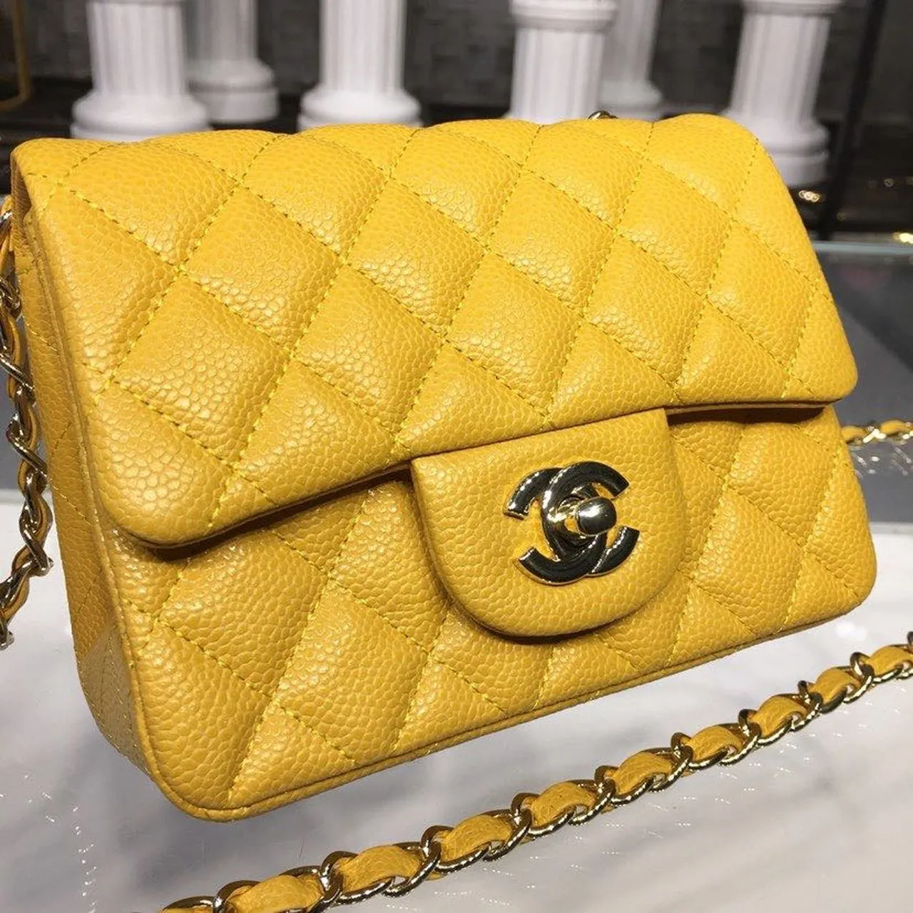 CHLMini Flap Bag Caviar Yellow For Women, Women&#8217;s Bags, Shoulder And Crossbody Bags 6.7in/17cm A35200