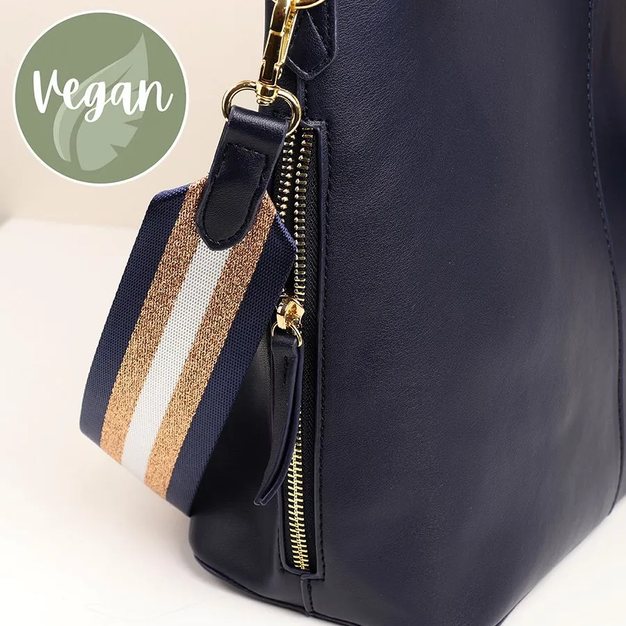 Classic Navy Vegan Leather Crossbody Bag With Navy & Gold Striped Strap