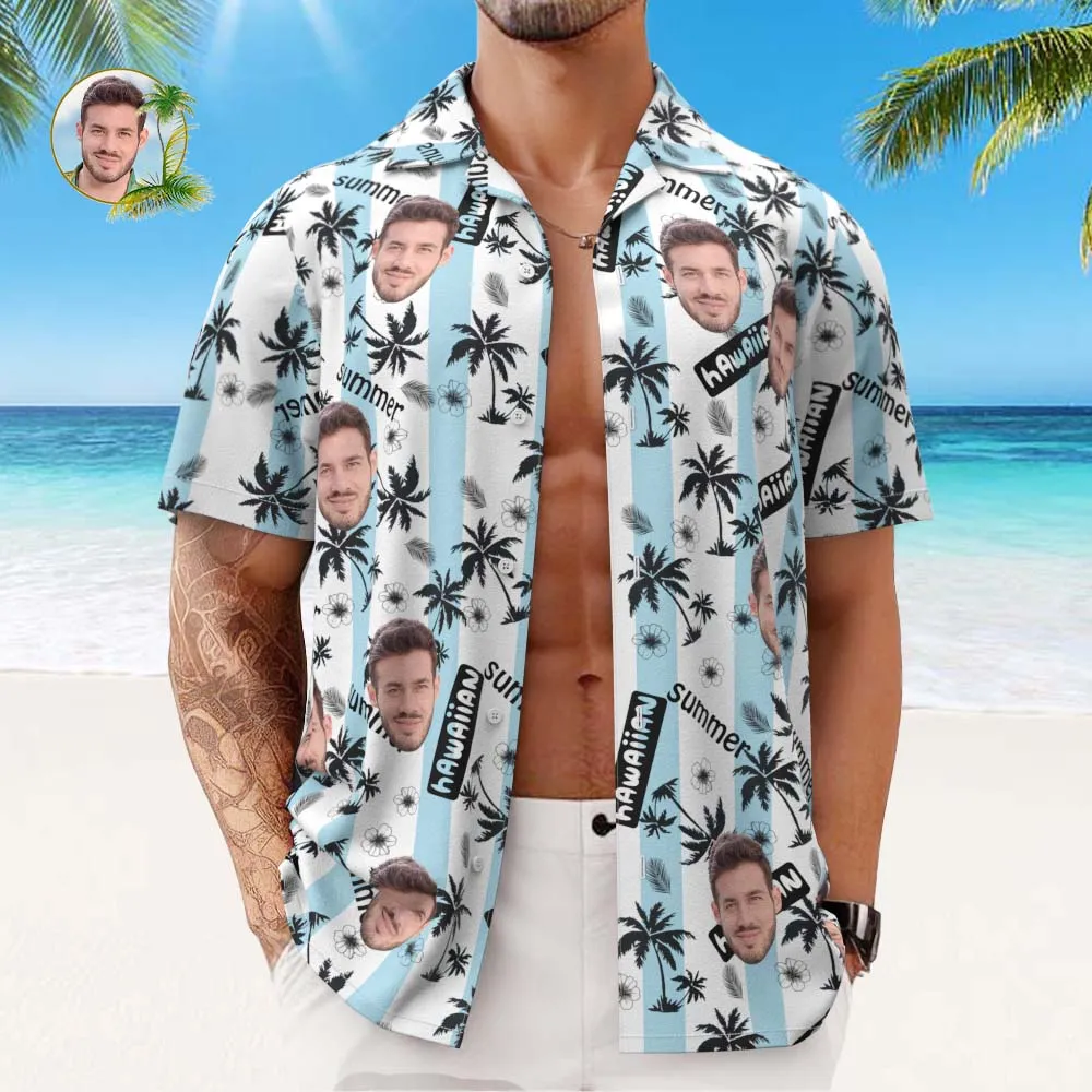 Custom Face Hawaiian Shirt Men's All Over Print Aloha Shirt Gift - Blue and White Striped