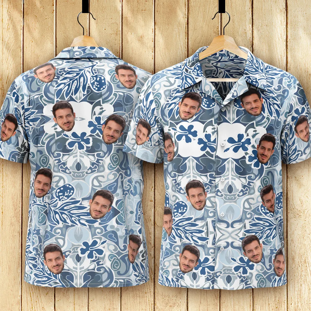 Custom Face Hawaiian Shirt Men's All Over Print Aloha Shirt Gift - Blue Vintage Pattern