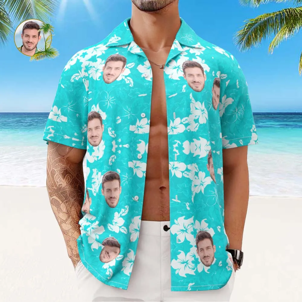 Custom Face Hawaiian Shirt Men's All Over Print Aloha Shirt Gift - Blue