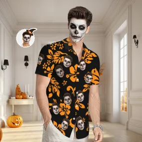 Custom Face Hawaiian Shirt Men's All Over Print Halloween Aloha Shirt Gift - Pumpkin Colored Flowers