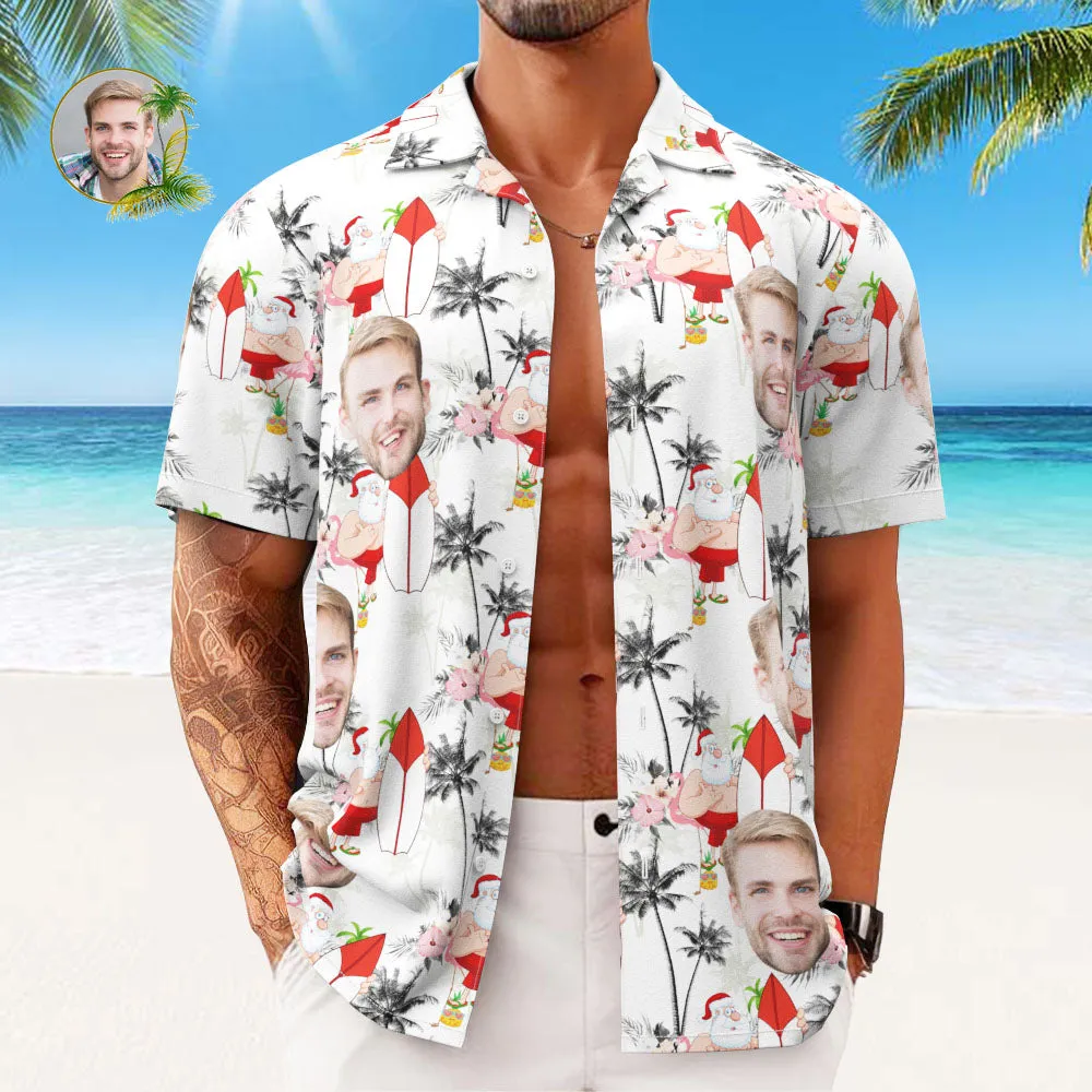 Custom Face Hawaiian Shirts Personalised Photo Gift Men's Christmas Shirts Vacation Santa and Flamingos