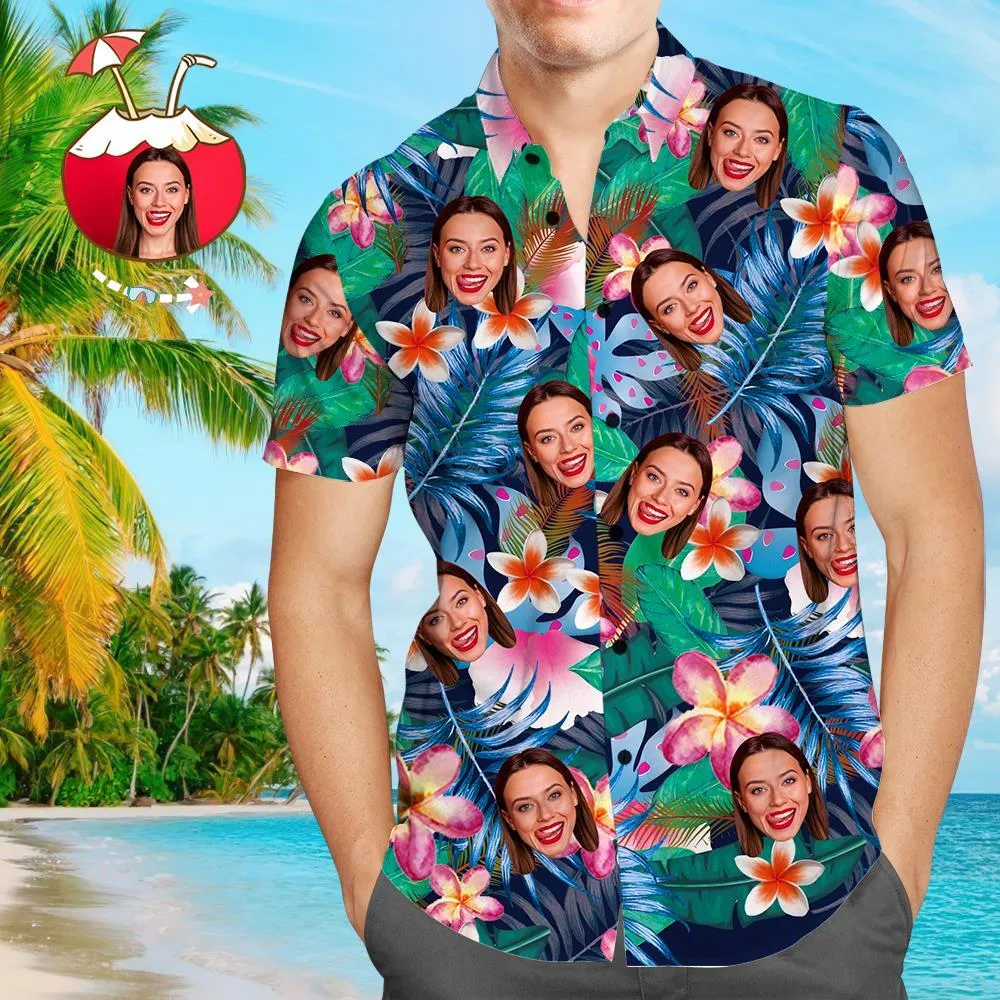 Custom Face Hawaiian Style Colorful Flowers Long Dress And Shirt Family Matching