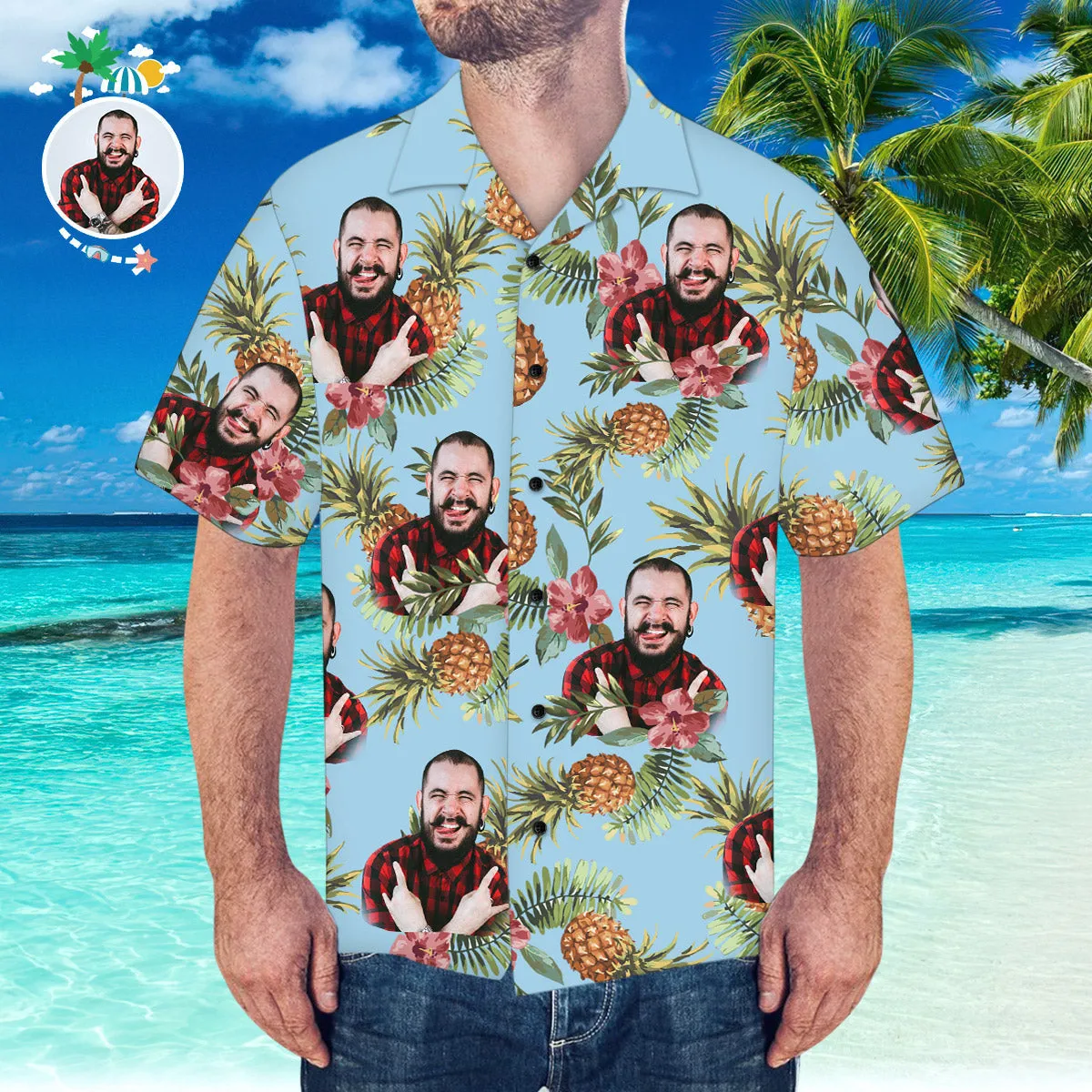 Custom Hawaiian Shirt with Husband Face Pineapple Pattern Hawaiian Shirt for Beach