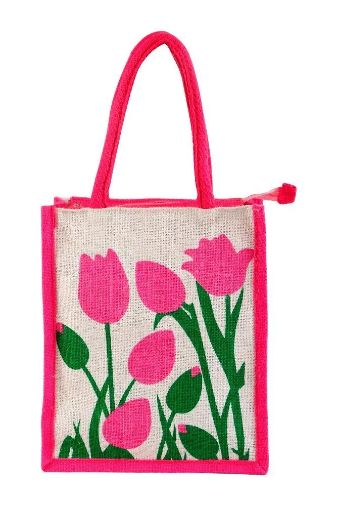 Fabseasons Pink Floral Jute Lunch Bag