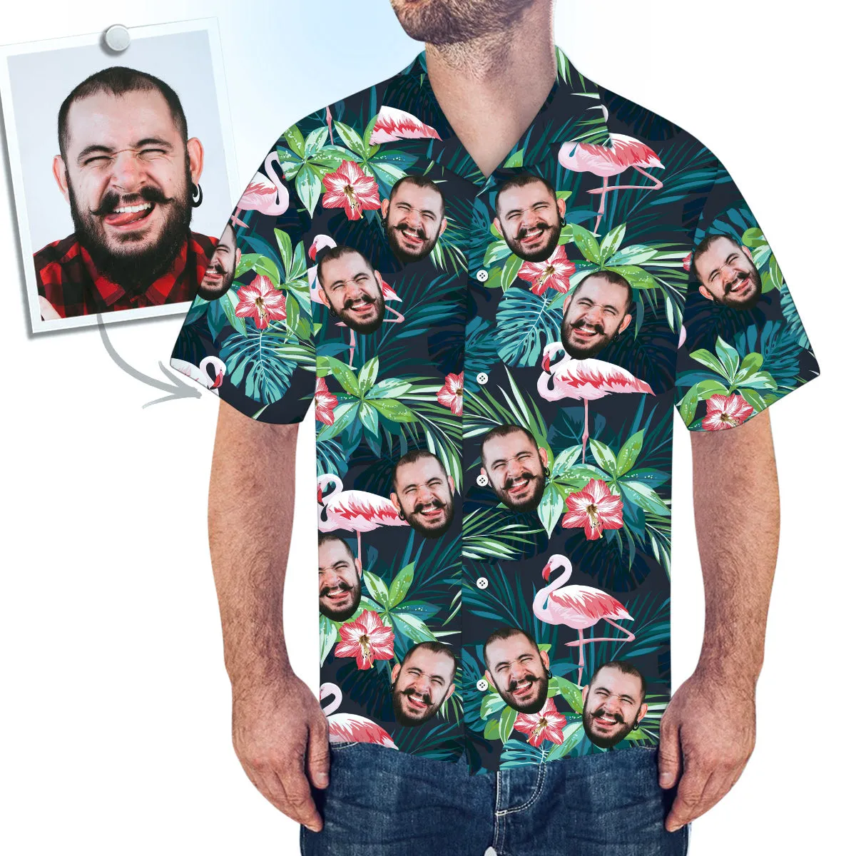 Face on Shirts Custom Hawaiian Shirt with Face Leaves & Flamingo Button Down Shirts