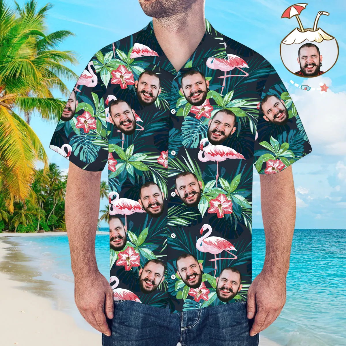 Face on Shirts Custom Hawaiian Shirt with Face Leaves & Flamingo Button Down Shirts