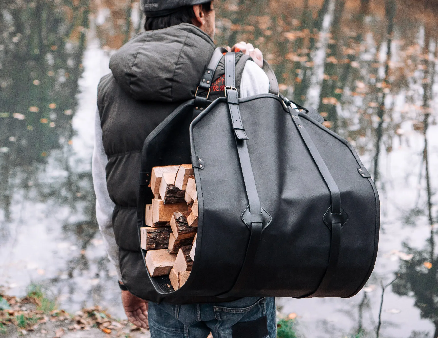 Firewood Log Carrier | Black Leather | Handcrafted | Personalised Gift