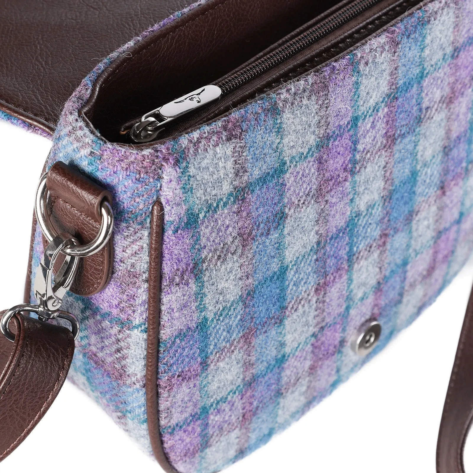 Harris Tweed Beauly Shoulder Bag Blue/Purple Check On Grey