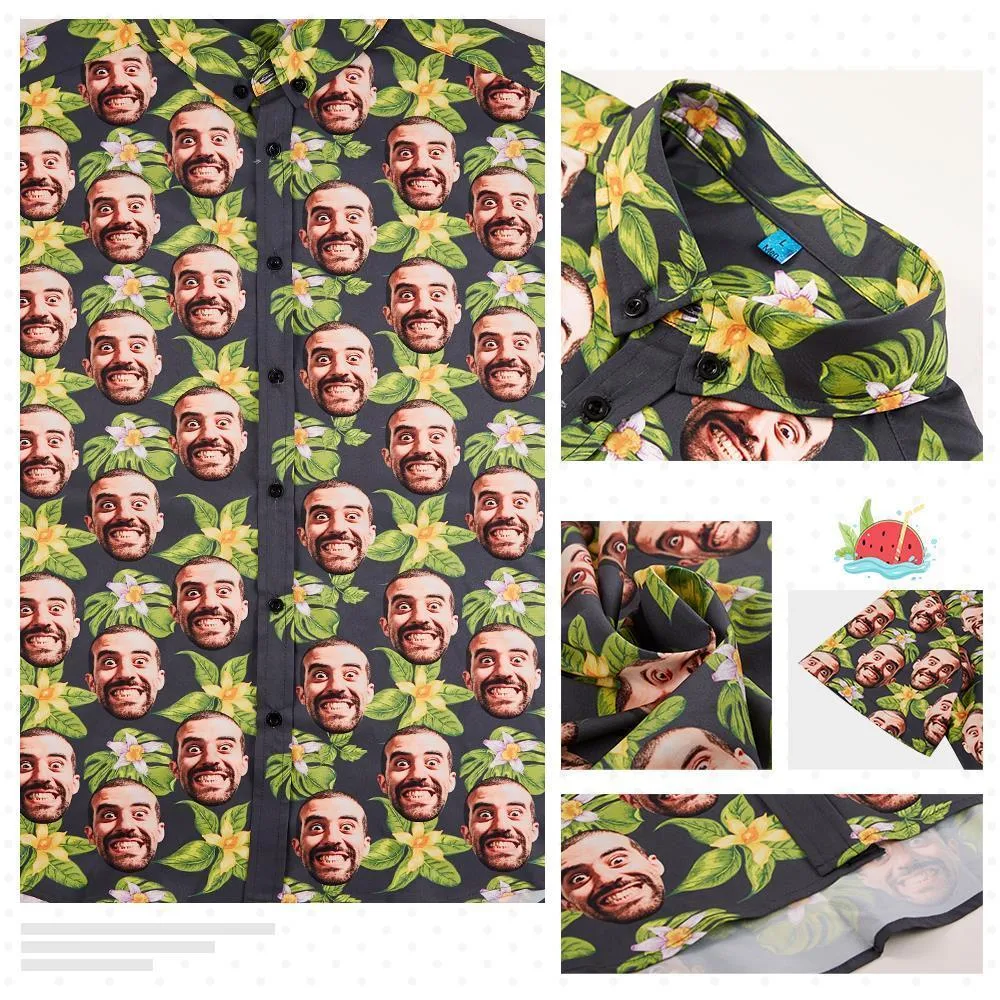 Hawaiian Shirt Personalised Fresh Green Leaves Shirt with Face on It for Man