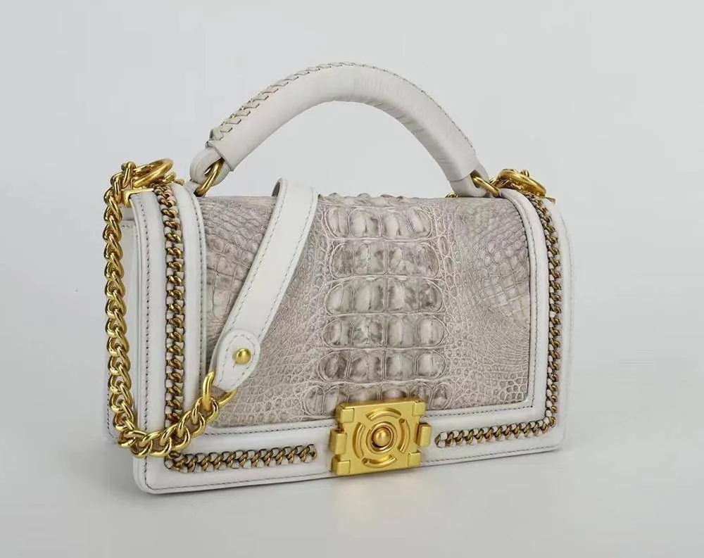 Himalaya  White Crocodile Leather Chain Flap Shoulder Bag For Ladies