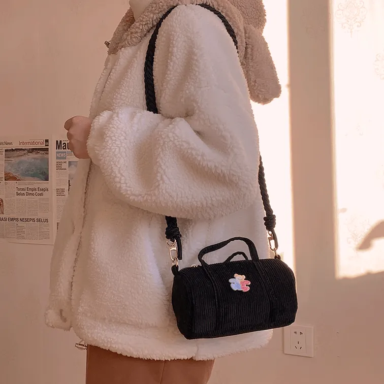 Kawaii Corduroy Mini Cylinder Bag With Acrylic Pin