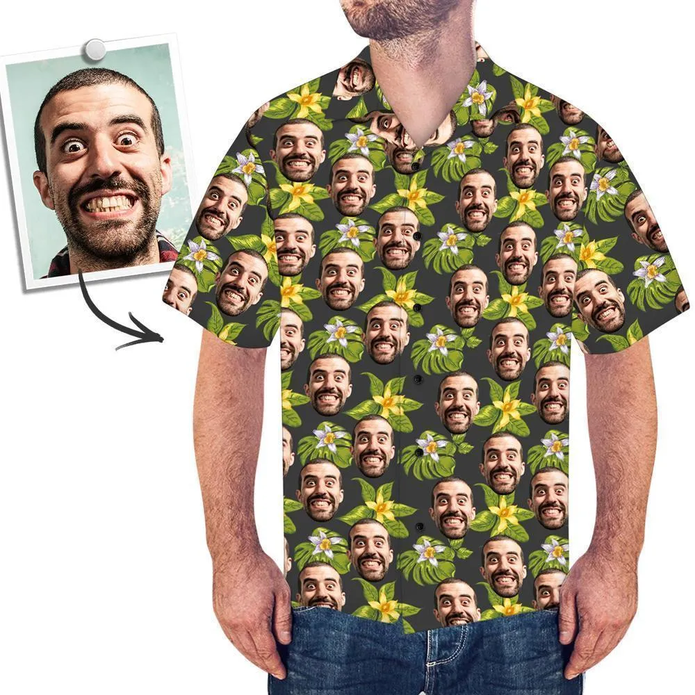 Multiface Custom Face Hawaiian Shirt for Men Green Flowers Summer Beach