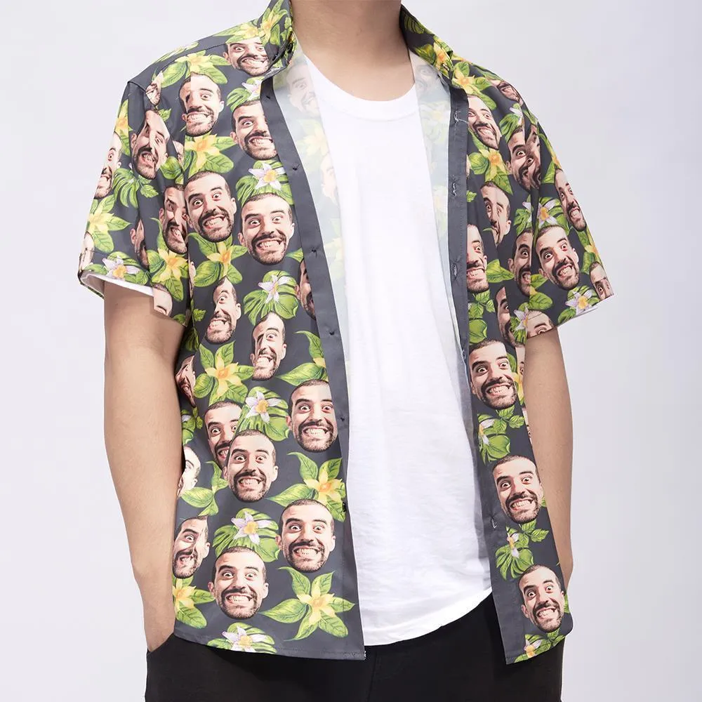 Multiface Custom Face Hawaiian Shirt for Men Green Flowers Summer Beach