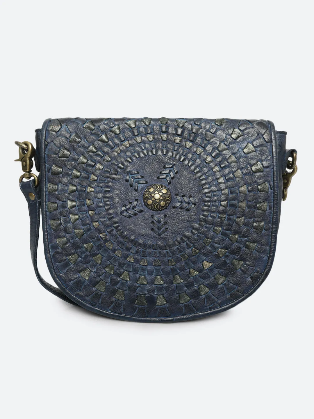 Onyx: Bohemian Mandala Leather Bag In Blue Color